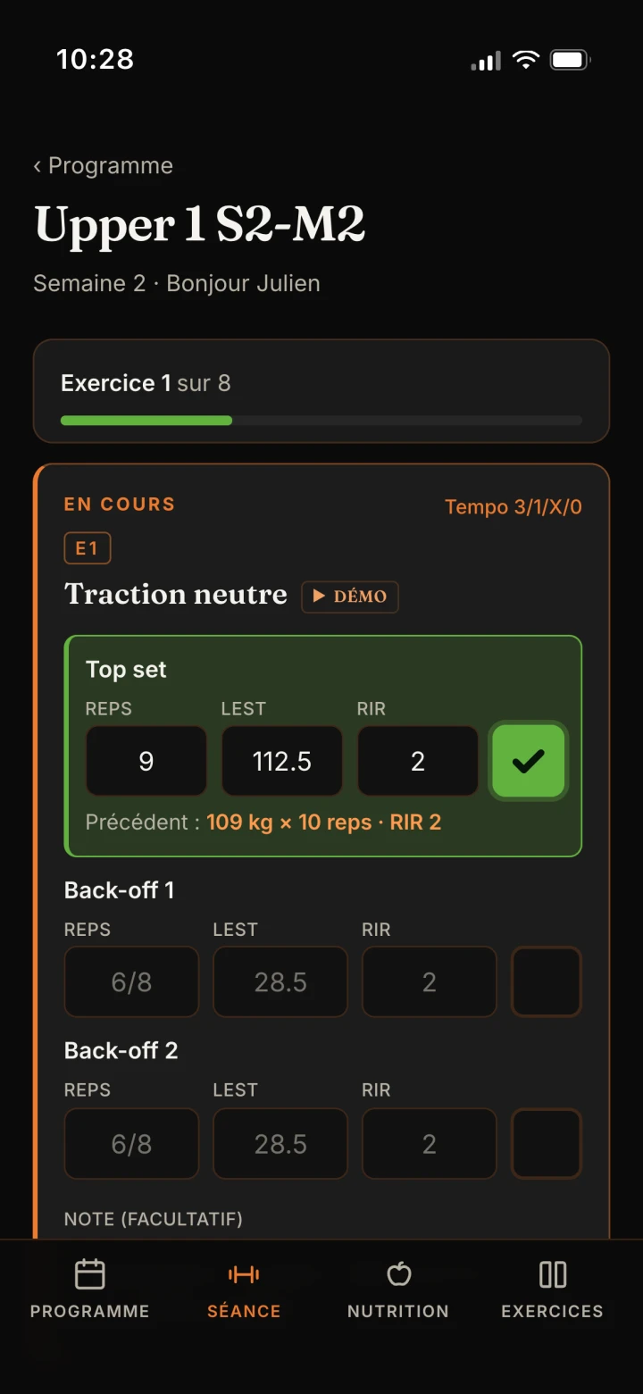 Une séance dans l'app : chaque série se note au moment où elle est faite