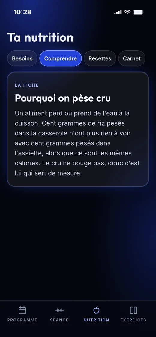 Dans l'app : La fiche « Pourquoi on pèse cru »